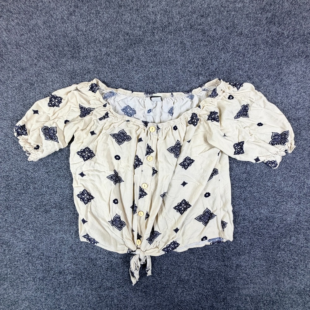 Lilian Blouse Top Womens 1X Beige Medallion Off The Shoulder Knot Button Front